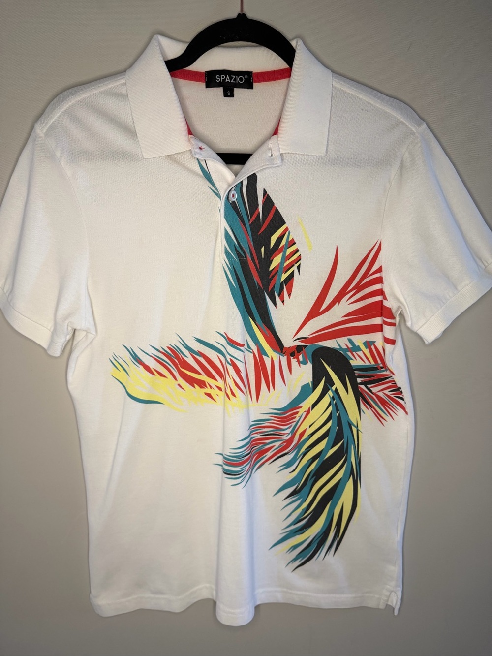 White Short-Sleeve Polo with Tropical Multicolor Print